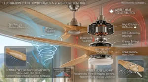 An illustration demonstrating a bamboo ceiling fan operating in clockwise winter mode to push trapped warm air down from the ceiling during cold Canadian winters.