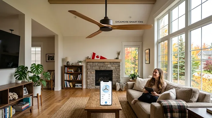 Modern smart ceiling fan installed in a cozy Canadian living room with a smartphone app displaying remote climate control settings. best smart ceiling fan