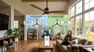 A detailed photorealistic infographic inside a Canadian living room, showing a split-screen diagram explaining the energy-saving benefits of a smart fan with winter and summer operational modes.