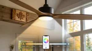 The Sycamore smart ceiling fan with its dark bronze motor and wooden blades features an integrated dimmable LED light and a slider scale showing its color temperature range from warm white to daylight, set in a detailed Canadian living room with natural light.