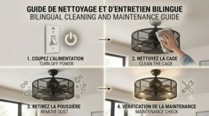 A photorealistic 4K infographic providing a four-step bilingual cleaning and maintenance guide for the enclosed ceiling fan, showing how to safely wipe the mesh cage and remove dust without disassembly.