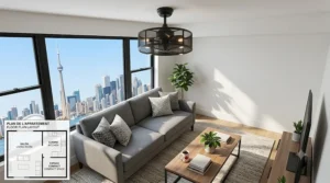 An isometric 4K illustration looking down into a modern Toronto condo living space, showcasing how the compact enclosed ceiling fan saves vertical and horizontal space. Includes a small bilingual floor plan layout guide.