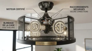 A photorealistic 4K technical cross-section illustration showcasing the internal safety features of the enclosed ceiling fan, featuring large cULus and CSA certification marks, and bilingual labels for a Canadian standard compliance.