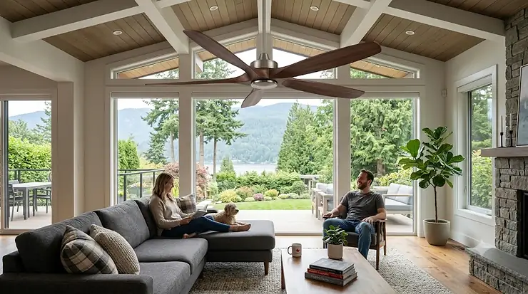 Modern wooden curved blade ceiling fan spinning in a bright, open-concept Canadian living room with contemporary decor.