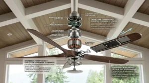 Exploded view illustration detailing the aerodynamic design and parts of a modern curved blade ceiling fan.