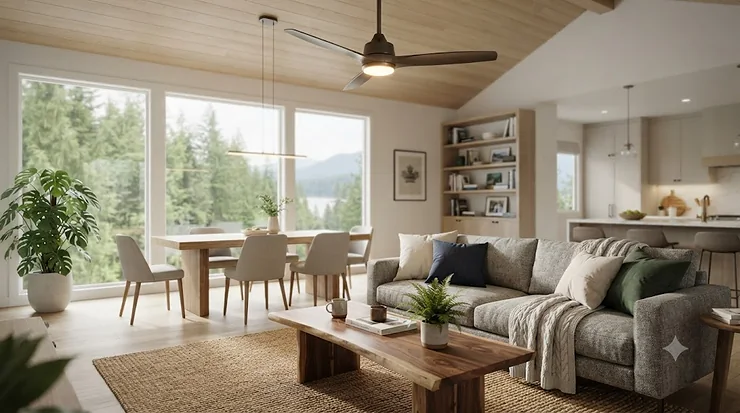 Modern living room in a Canadian home featuring a sleek dimmable ceiling fan light providing warm ambiance.