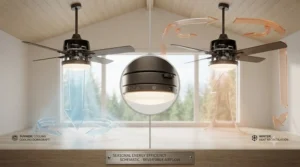 Technical illustration showing a reversible dimmable ceiling fan light optimizing airflow for Canadian winters and summers.