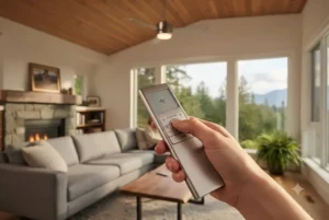 Handheld remote control adjusting a dimmable LED ceiling fan with light and remote for customized home ambiance.