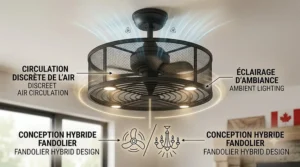 A photorealistic 4K illustration blending integrated lighting and discreet air circulation, showcasing the dual functionality of the enclosed ceiling fan with a bilingual diagram explaining its hybrid 'fandolier' design.