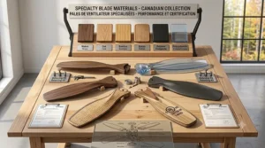 Graphic highlighting eco-friendly, sustainably sourced wood materials used in manufacturing high-quality specialty ceiling fan blades.