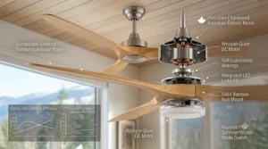 An infographic illustration showing a sustainable bamboo ceiling fan with an energy efficiency rating icon, highlighting year-round heating and cooling cost savings for Canadian homes.