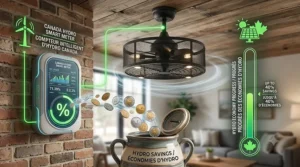 A photorealistic infographic showing how an energy-efficient enclosed ceiling fan saves money on utility bills in Canada, featuring a smart hydro meter and bilingual text.