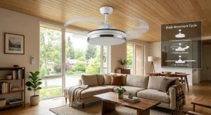 Technical diagram showing the energy consumption savings of a retractable blade ceiling fan with an efficient DC motor.