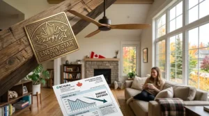 Energy Star certified smart ceiling fan showing a visual representation of energy efficiency and lower monthly electricity and hydro bills.