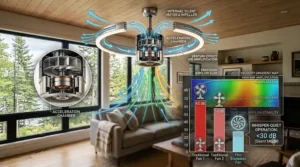 Sleek flush-mount modern bladeless ceiling fan dimensions showing low-profile clearance perfect for Canadian condos and basement apartments.