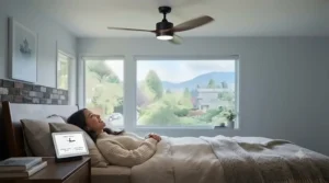Infographic linking a google home ceiling fan with smart thermostats and assistants across Canadian smart homes.