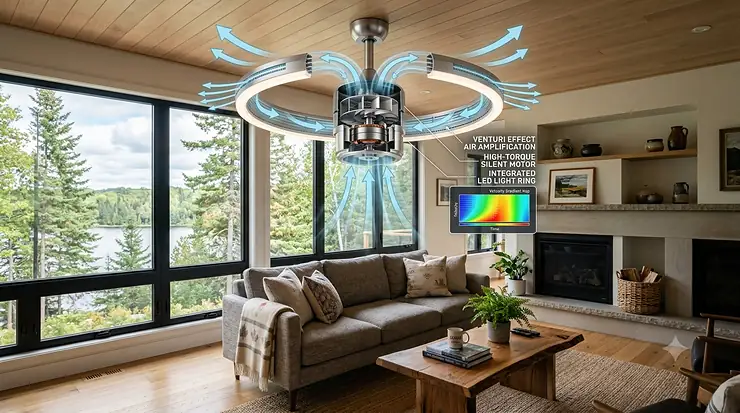 Technical diagram showing how a modern bladeless ceiling fan multiplies and distributes airflow safely throughout a room.