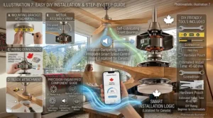 A clear step-by-step DIY installation diagram showing how to safely mount and wire a sustainable bamboo ceiling fan to a standard ceiling electrical box.