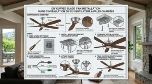 Step-by-step installation illustration for mounting a curved blade ceiling fan to a standard Canadian electrical ceiling box.