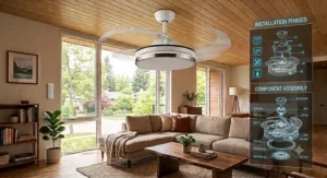 Step-by-step installation instructions diagram for a cULus certified retractable blade ceiling fan with a light kit.