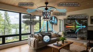 Dimmable LED lighting options on a modern bladeless ceiling fan from warm ambiance to cool daylight illumination.
