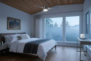 Flush mount ceiling fan with light and remote ideal for modern Canadian bedrooms with low ceilings.
