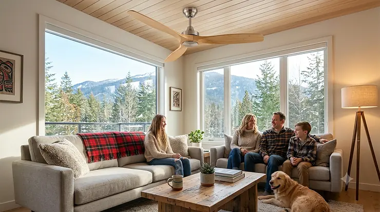 A modern bamboo ceiling fan with three carved wooden blades rotating in a bright, minimalist Canadian living room featuring large windows and maple wood accents.