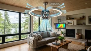 Energy-saving infographic explaining how a modern bladeless ceiling fan recirculates warm air during cold Canadian winters.