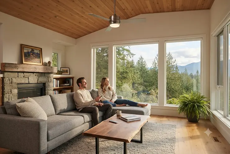 Modern ceiling fan with light and remote installed in a Canadian living room, providing energy-efficient year-round comfort.