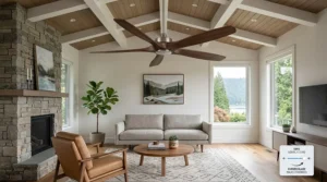 Interior design illustration of a sleek curved blade ceiling fan accenting a minimalist Canadian condo living space.