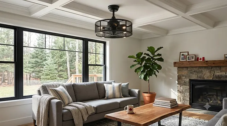 Modern enclosed ceiling fan with light installed in a cozy Canadian living room, blending seamlessly with contemporary home decor in Canada.