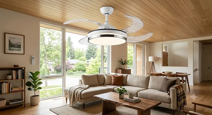 Modern Canadian living room featuring a stylish retractable blade ceiling fan with integrated LED light providing warm ambient illumination.