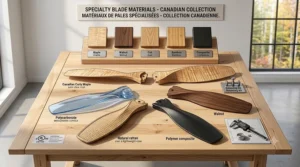 A selection of premium wood finishes for specialty ceiling fan blades, including local Canadian maple and dark walnut tones.