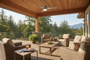 Weather-resistant outdoor ceiling fan with light and remote installed on a covered Canadian patio space.