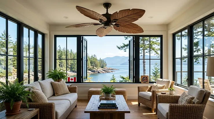 A photorealistic coastal Canadian sunroom with a large, detailed palm leaf ceiling fan spinning slowly. Woven rattan furniture, a sofa, and potted plants fill the room, which features large black-framed windows overlooking a rugged coastal landscape with evergreen trees and the ocean. Natural light fills the cozy interior.