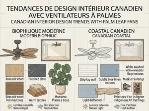 A technical, illustrative mood board showcasing popular Canadian interior design trends that pair beautifully with a palm leaf ceiling fan, set against a beige background with grid lines. It visualizes biophilic and coastal-inspired spaces, featuring vector illustrations of raw wood textures, natural fibers, potted ferns, and local art. Labeled: "TENDANCES DE DESIGN INTÉRIEUR CANADIEN AVEC VENTILATEURS À PALMES / CANADIAN INTERIOR DESIGN TRENDS WITH PALM LEAF FANS," with specific product material swatches.