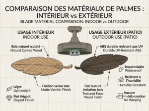 A technical comparison infographic illustration showing the durability of different palm leaf ceiling fan blade materials on a beige background with grid lines. It contrasts natural wood blades, common in image 0, with durable ABS synthetic blades, providing bilingual descriptions: "USAGE INTÉRIEUR (BOIS SCULPTÉ) / INDOOR USE (CARVED WOOD)" versus "USAGE EXTÉRIEUR (ABS RÉSISTANT) / OUTDOOR USE (DURABLE ABS)." Icons indicate waterproof and warp-resistant properties for Canadian patios.