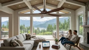 Illustration of a quiet curved blade ceiling fan installed in a cozy room for cooling Canadian summer nights.