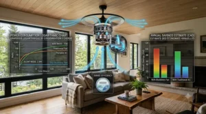 Decibel comparison chart showing the whisper-quiet performance of a modern bladeless ceiling fan in a home office or nursery.