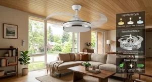 Graphic illustration detailing the winter reverse airflow setting on a retractable blade ceiling fan to recirculate trapped heating.