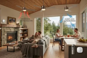 Infographic showing a ceiling fan with light and remote featuring a reversible winter and summer motor mode for Canadian homes.