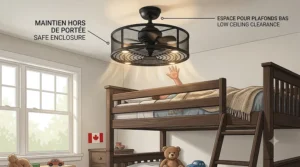 An illustrated guide showing a safe enclosed ceiling fan installed in a low-ceiling Canadian bedroom, preventing accidental contact with blades from a bunk bed.