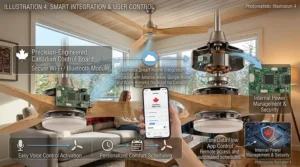 An illustration of a smart bamboo ceiling fan being controlled by a smartphone app interface, showcasing automated climate settings for a Canadian household.