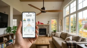 A detailed photorealistic illustration 3 capturing a hand holding a modern smartphone in a sunlit Canadian living room, displaying the Sycamore Smart Fan app with a complex 24-hour scheduling curve and icons for morning, WFH, and sleep automation.