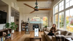 Detailed technical infographic illustration in 4K resolution, integrated into a Canadian bedroom, depicting motion and temperature sensors on a smart ceiling fan automatically activating based on occupancy and ambient temperature thresholds, with bilingual text.