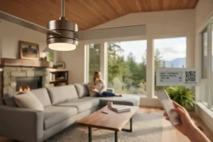 Smart ceiling fan with light and remote compatible with mobile apps and voice assistants for modern home automation.