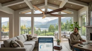 Illustration of a smart curved blade ceiling fan being controlled via a mobile automation app in Canada.