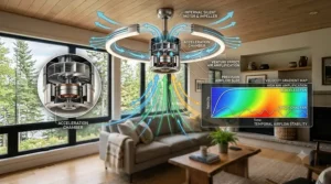 Smart home automation graphic for a modern bladeless ceiling fan with mobile app control / ventilateur de plafond sans pales moderne.