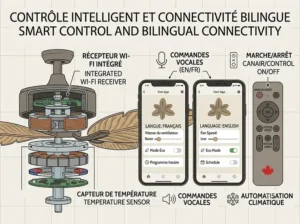 A technical illustration highlighting the smart control options for a palm leaf ceiling fan, displaying both a Canadian remote control and a smartphone app. The app interface is illustrated with bilingual (English and French) language options, emphasizing accessibility in the Canadian market. Labeled with: "CONTRÔLE INTELLIGENT ET CONNECTIVITÉ BILINGUE / SMART CONTROL AND BILINGUAL CONNECTIVITY," featuring icons for Wi-Fi and app integration.