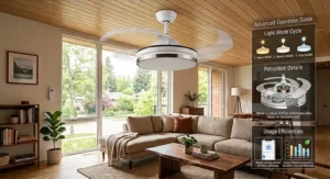 Illustration of a smart remote control and mobile app layout for adjusting speeds on a retractable blade ceiling fan.